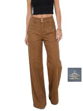 Wide Leg High Waisted Double Button Stretch Straight Leg Jeans Big Pockets